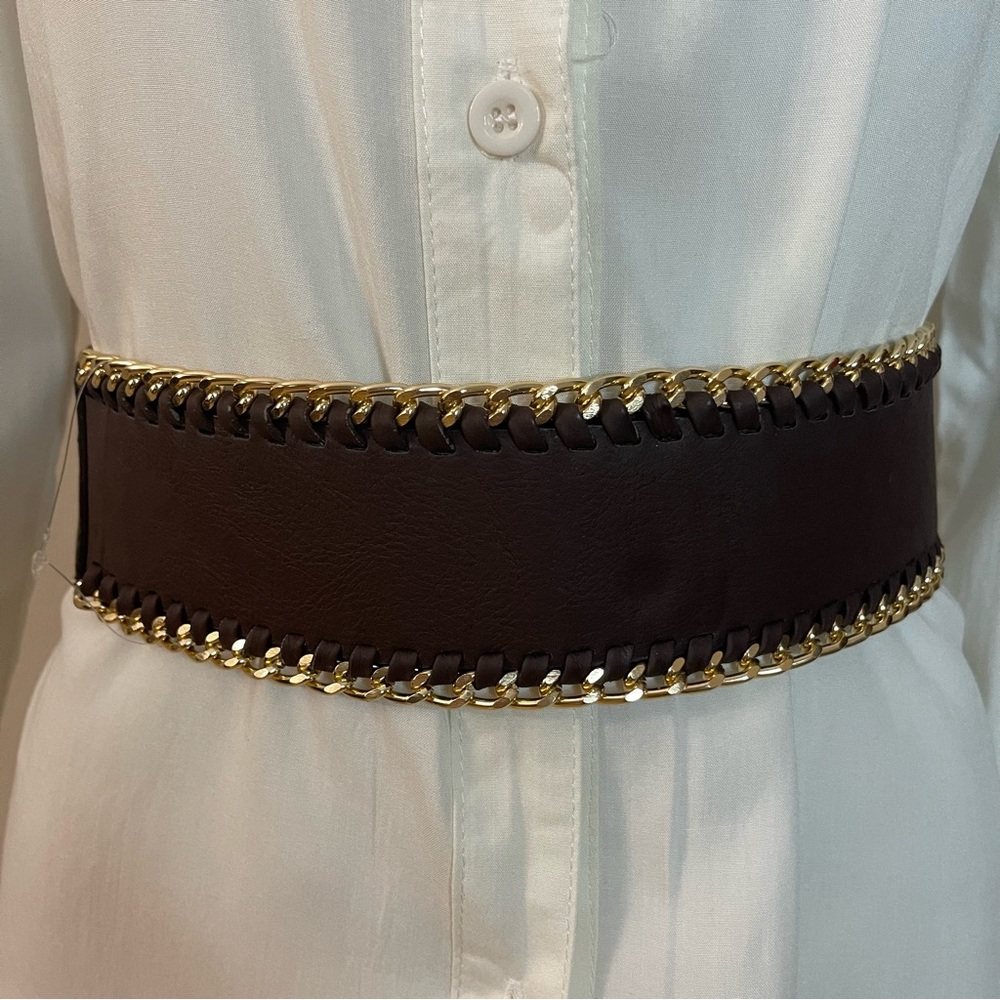 Dark brown faux leather elastic waistband gold tone braided chain belt